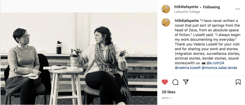 instagram photo from ht94 account featuring photo of valeria luiselli and prof salas landa